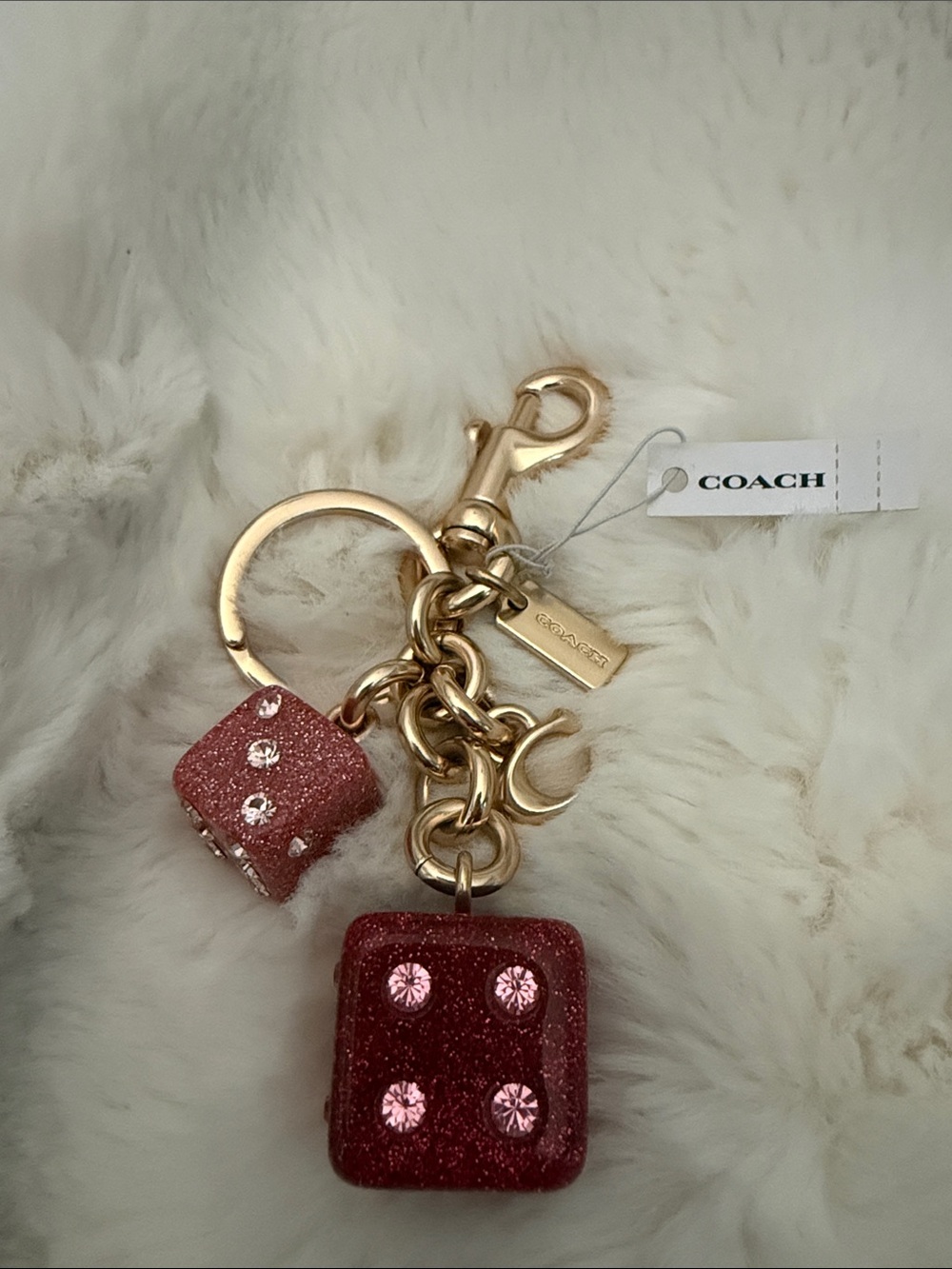 Coach Gold-Tone Keychain with Red Glitter Dice Charms